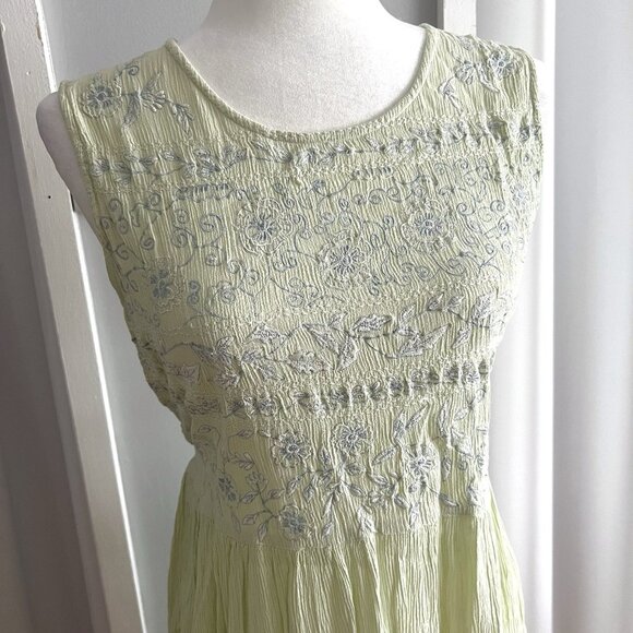 Vintage Karavan Sage Green Floral Embroidered Belted Sleeveless Maxi Dress sz L - Picture 3 of 5